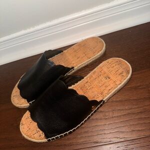 Black Leather Slide Sandals with Cork Sole